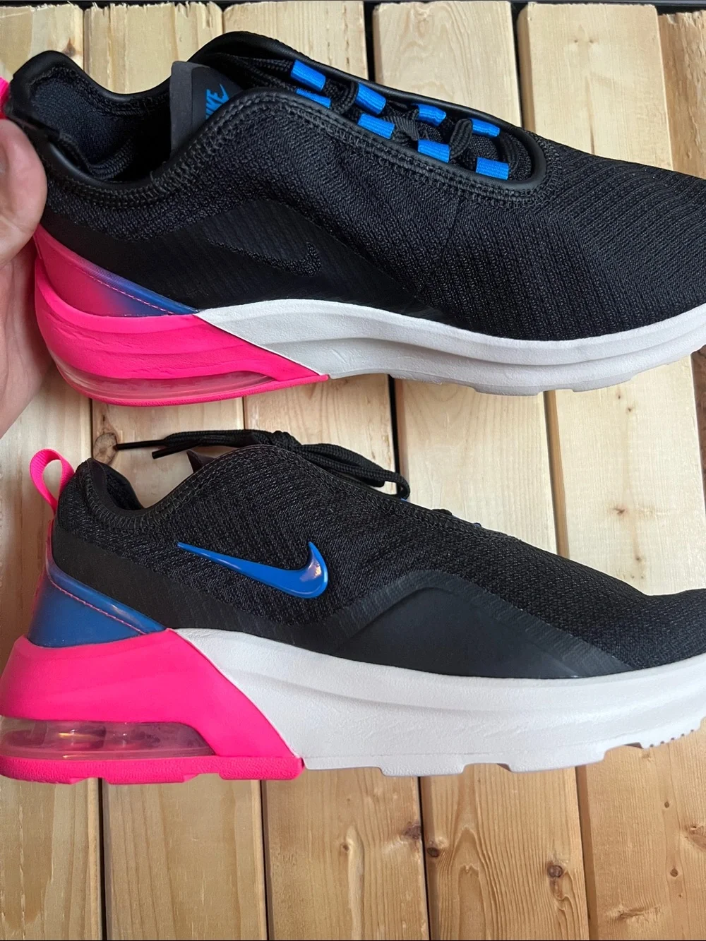 Nike Women's Black Sneaker with Blue Swoosh and Pink Heel